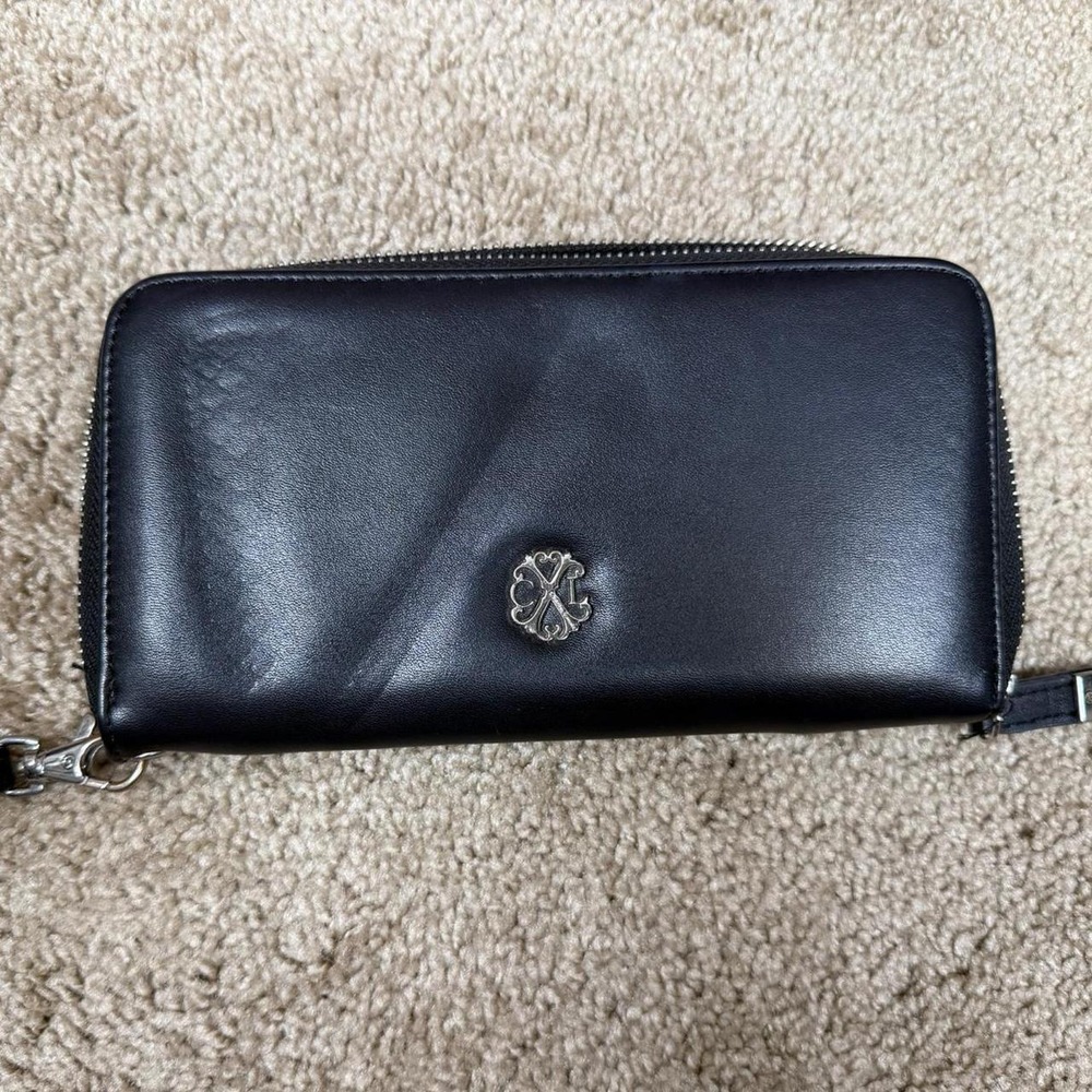 Christian Lacroix Womens Black Leather Zip Around Wallet Silver Hardware Logo